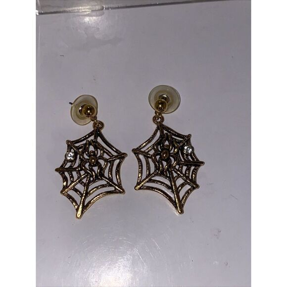 Dangle Spider Web and Flow Gothic Spider Earrings by Avon Rhinestone Gold Tone - Picture 1 of 5